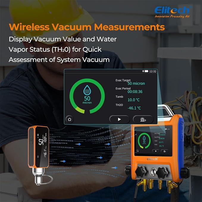 Elitech Digital 4 Valve Manifold Gauge HVAC with Refrigerant Hoses, Vacuum Micron Gauge, Thermometer Clamps, OTA Upgrade, Wireless APP Control, EMG-40VPro