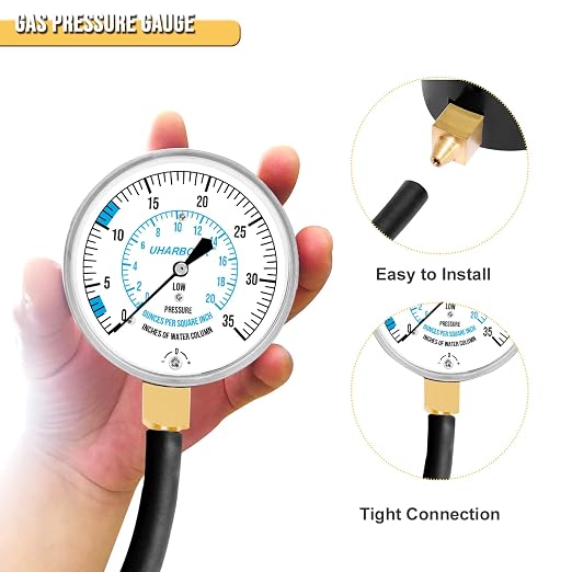 Manometer Gas Pressure Tester, Manometer LP Gas Pressure Tester Gauge 0-35" W.C, 1/8" NPT Fitting with Barbed Connection, 40" Hose