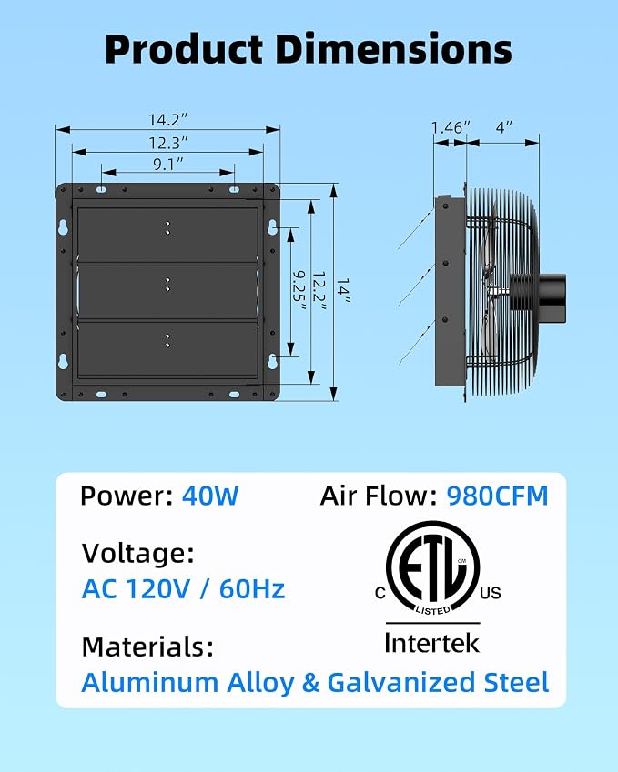 12'' Upgraded Shutter Exhaust Fan with Thermostat & Remote, 980 CFM Wall Mounted Attic Exhaust Fan, Auto On/Off by Temperature for Garage, Greenhouses, Sheds, Chicken Coops & Basement