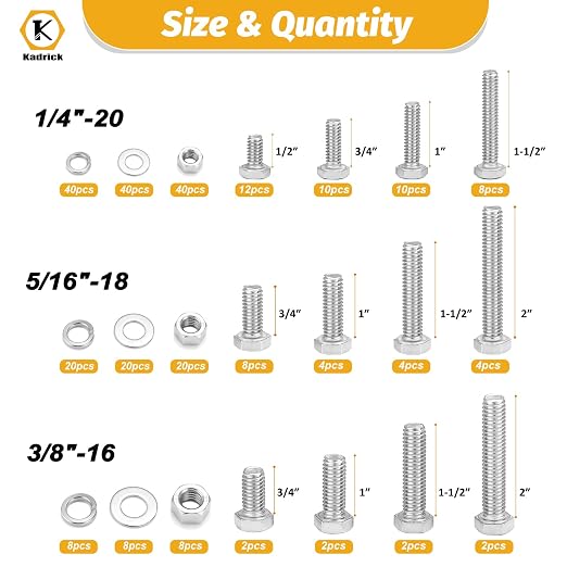 Kadrick 272Pcs 18-8(304) Stainless Steel Hex Bolts Assortment,1/4-20 5/16-18 3/8-16 Heavy Duty Bolts and Nuts Kit, Assorted SAE Bolts Nuts Flat&Lock Washers,Lenth Form 1/2''-2''