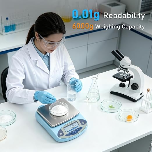 Digital Lab Scale 6000g x 0.01g High Precision Analytical Balance, Electronic Precision Scale 0.01g Accuracy for Laboratory Kitchen Jewelry Scientific Weighing with 2 x 500g Calibration Weights
