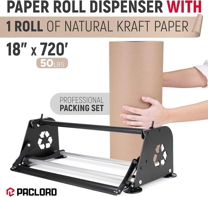 18" Paper Dispenser with Cutter + 50 lb Natural Brown Kraft Paper Roll | Heavy-Duty Steel Holder and 18" x 720 ft USA-Made Kraft Paper for Packaging, Void Fill, Shipping & Moving