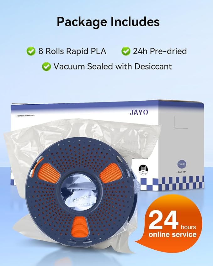 JAYO PLA+ Filament Bundle 1.75mm, 3D Printer Filament Bundle Multicolor, Individually Vacuum Packed, 250g Spool, 8 Pack, 2KG in Total, Black+White+Grey+Blue+Green+Orange+Yellow+Burlywood Color