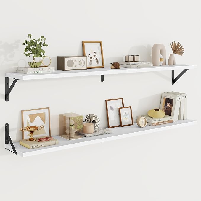 Floating Shelves 8 Inch Deep, 48W x 8D Wall Shelf Set of 2, 70 lbs Heavy Duty Reversible Metal Brackets, Industrial Book Shelf for Living Room Kitchen Bathroom Bedroom Gallery Wall, White