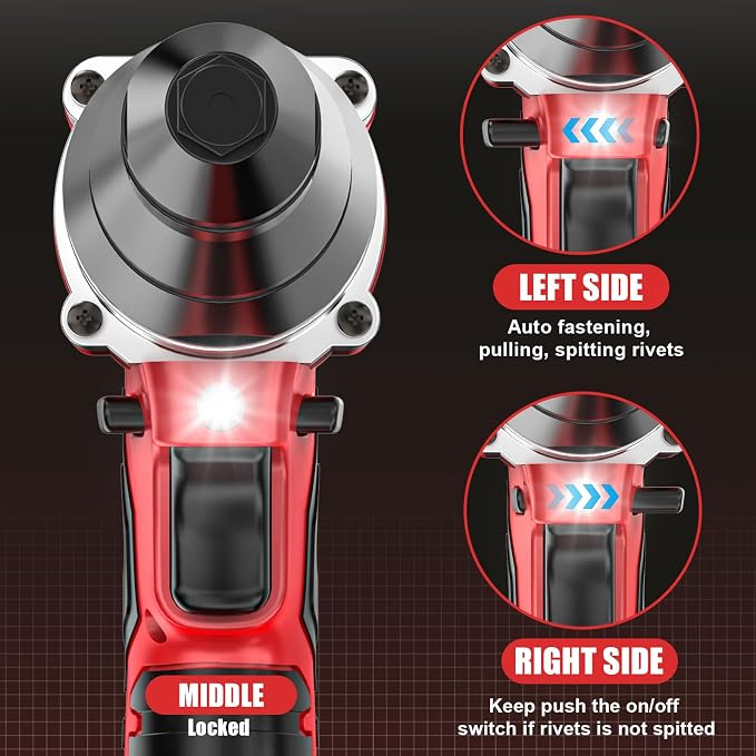 Cerycose Cordless Rivet Gun Kit Compatible with Milwaukee 18V Brushless Electric Riveters Gun Tool with 3-Size Steel Rivets(1/8"-5/32"-3/16") LED Light & Nose Piece (Tool Only)