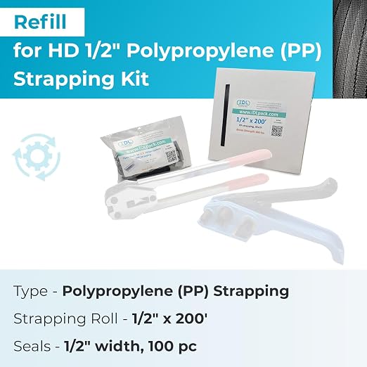 IDL Packaging Refill for Portable 1/2" Polypropylene (PP) Strapping Kits - 1/2" x 200' Polypropylene Strapping Coil with 600 lbs Break Strength and 100 of 1/2" Open Seals