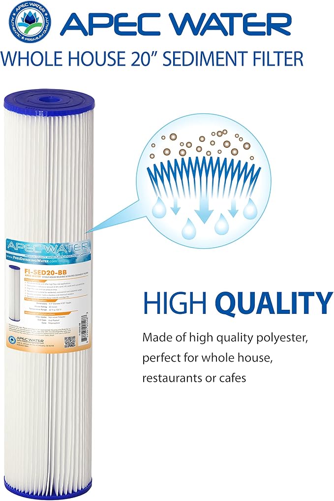 APEC FI-SED20-BB-A Water Systems FI-SED20-BB 20" Whole House Reusable & Pleated Sediment Filter 4.5" X 20", White
