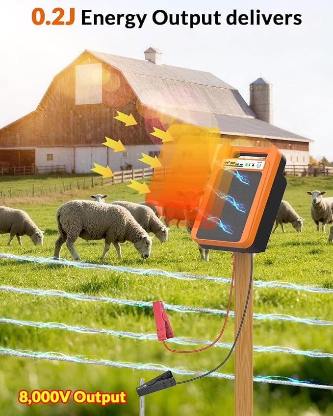 TEPU 10 Mile Solar Electric Fence Charger, 0.2J Output Portable Solar Fence Charger, 24-Hour Uninterrupted Protection, Operates Up to 14 Days Without Sunlight, for Livestock and Predator Protection