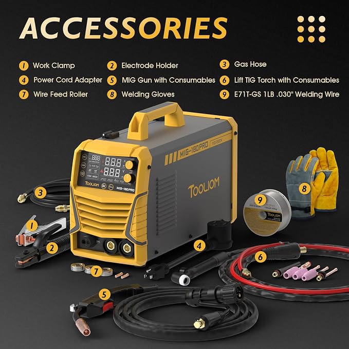TOOLIOM 4 in 1 MIG Welder 180A Gas MIG/Flux MIG/Stick/Lift TIG Multiprocess Welding Machine 110V/220V Welder Kit with Lift TIG Torch