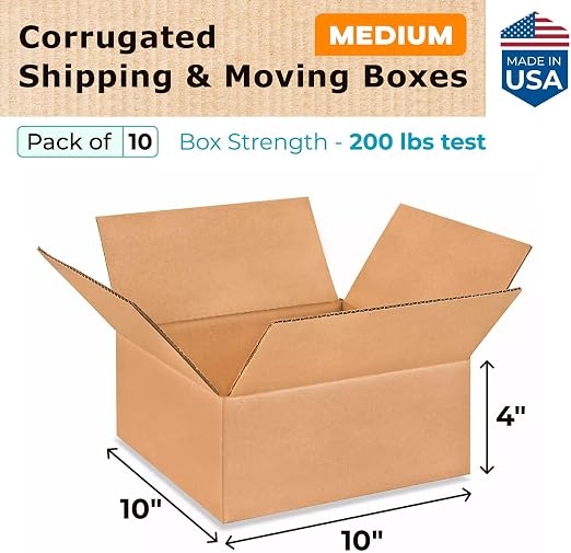 Medium Moving & Shipping Boxes 10x10x4 inches (10-Pack) - Extra Strength 200 lb vs Regular - USA-Made Corrugated Strong Packing Boxes - Corrugated Box - Medium Shipping Box by IDL Packaging
