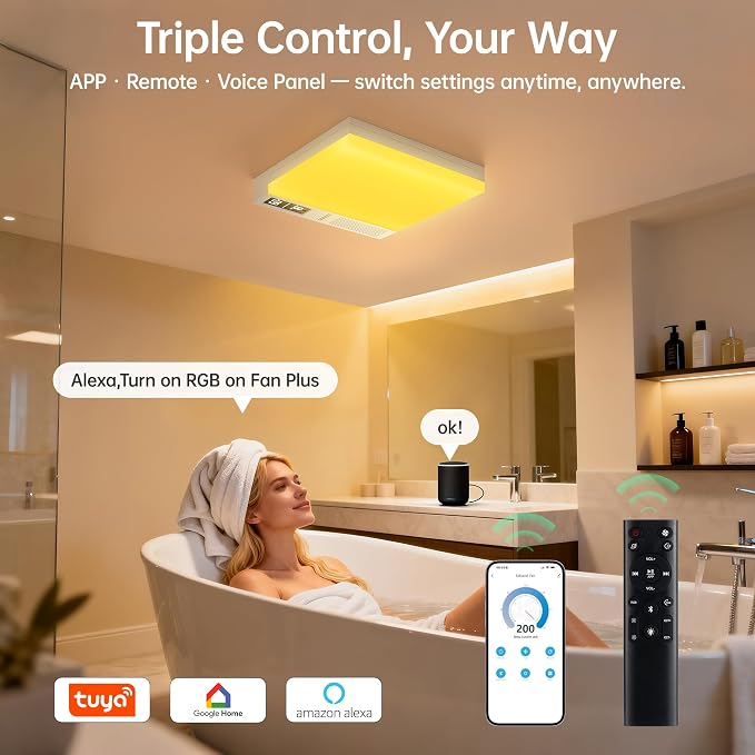 VallisCo Bathroom Exhaust Fan with Light, Bluetooth Speaker, Odor & Humidity Sensors, 230 CFM Quiet Ceiling Fan with 3 Dynamic RGB Lighting, 3CCT - Remote App Control - Compatible with Alexa
