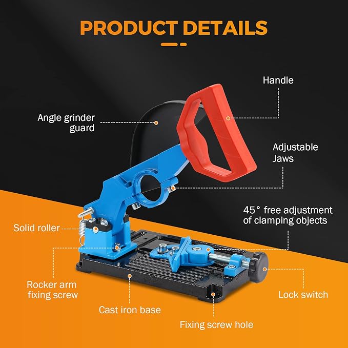 BEAMNOVA Angle Grinder Stand, 45° Adjustable Cutting Tool Holder, Aluminum Fixed Stand for Metal/Wood Cutting, Safety Shield & Spring Loaded for DIYers & Contractors