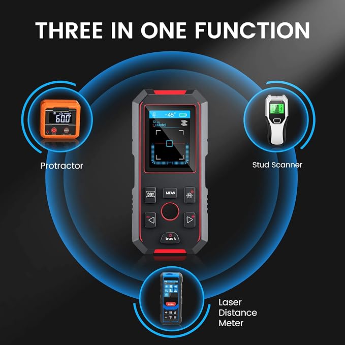 Stud Finder with 196ft Laser Measure, 3 in 1 Electric Wall Scanner Sensor with ±0.1° Digital Level Lithium Battery, LCD Studs Detector Audio Broadcast for Wood Magnetic Metal AC Wire Finding
