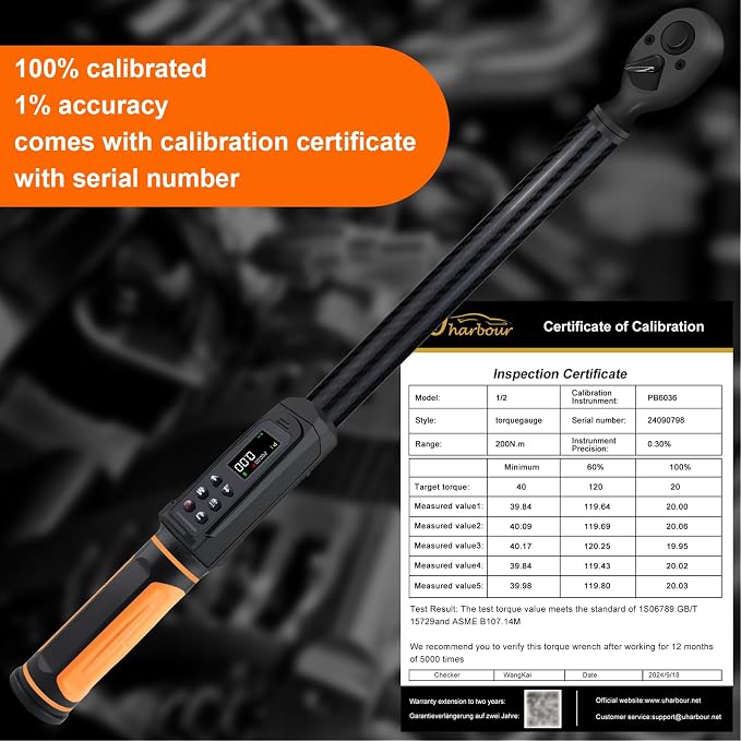 Uharbour Digital Torque Wrench 1/2 Drive with Carbon Fiber Body, 2.2-147.5 Ft.lb Range, ±1% Accuracy with Vibration, Buzzer and LED Alert, Suitable for Car, Motorcycle and Bicycle