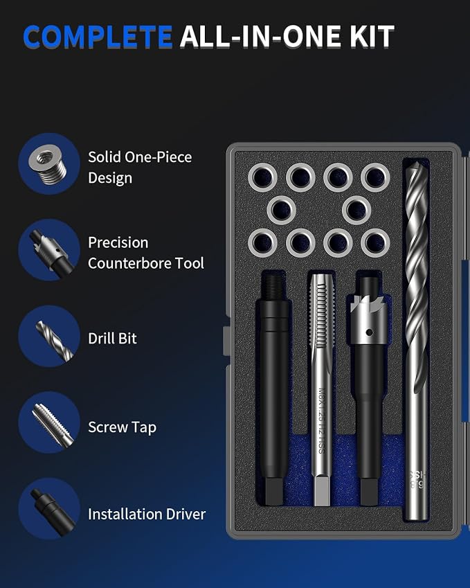 M6 x 1.0 Metric Thread Repair Kit, with HSS Drill Bit, Tap, Counterbore & Installation Driver, M6 x 1.0 Solid 304 Stainless Steel Inserts (10 Pcs, 11.7 mm Length)