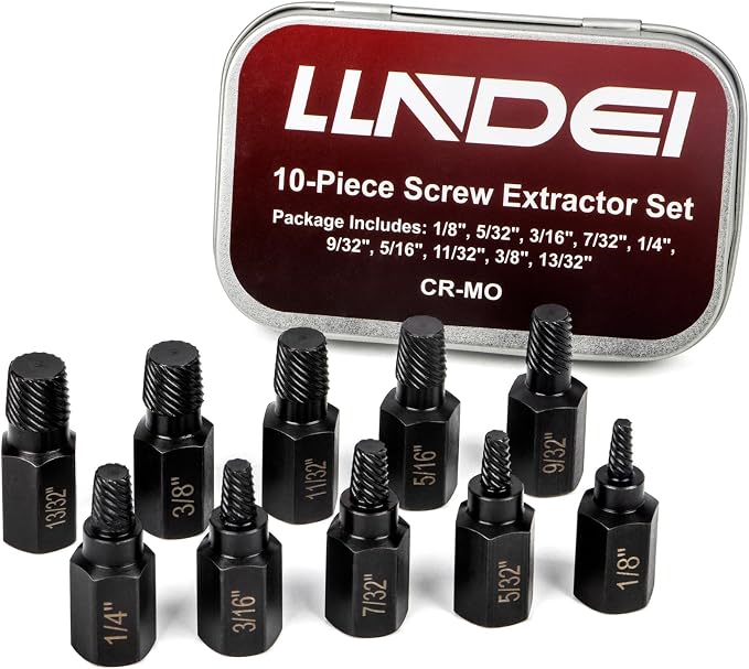 LLNDEI Screw Extractor Set, Hex Head Easy Out Set 10 Pieces, Multi-Spline Ez Out Stripped Extractor (1/8”-13/32”) CR-MO, Stripped Fastener Tool