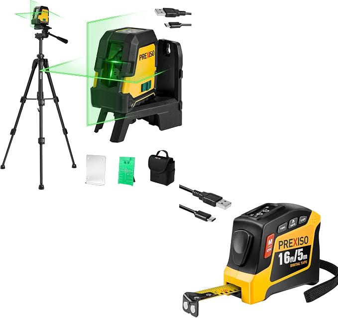 PREXISO 2-in-1 Digital Tape Measure 16Ft & PREXISO Laser Level with Tripod - 100Ft Rechargeable Dual Modules