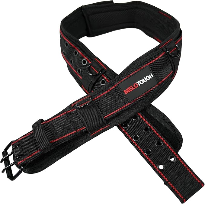 MELOTOUGH 1 PACK Tool Belt with D ring and Strong Durable Double Metal Roller Buckle,Adjustable waist + 1 PACK Magnetic Suspenders Tool Belt Suspenders with Large Moveable Phone Holder