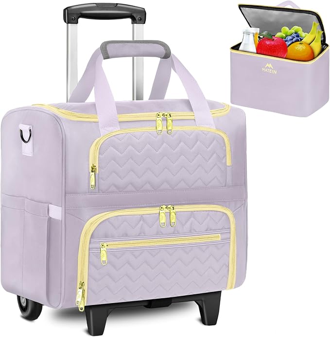 MATEIN Rolling Briefcase for Women, Rolling Work Bag with Wheels & Detachable Cart Fit 15.6 Inch Laptop, Roller Laptop Tote Bag with Insulated Lunch Box for Teacher Commute Office Work College, Purple