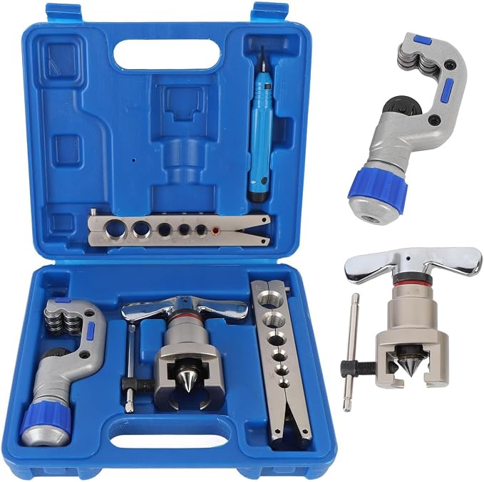 Brake Line Flaring Tool Kit Pipe Expander Set 1/4" - 3/4" Tubing Pipe Flare Tool HVAC 45° Eccentric Cone Type Flaring Tool with Pipe Cutter for Brass Copper Aluminum Pipes Refrigeration (5 in 1 Kit)