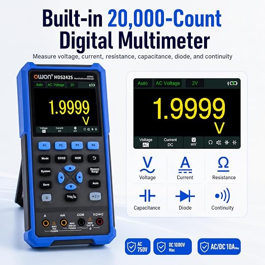 HDS242S Oscilloscope, 2 in 1 Dual Channel 40MHz Bandwidth Handheld Oscilloscope Multiumeter with Waveform Generator for Automatic Measurements, Electronic Measurement 3.5 inch LCD