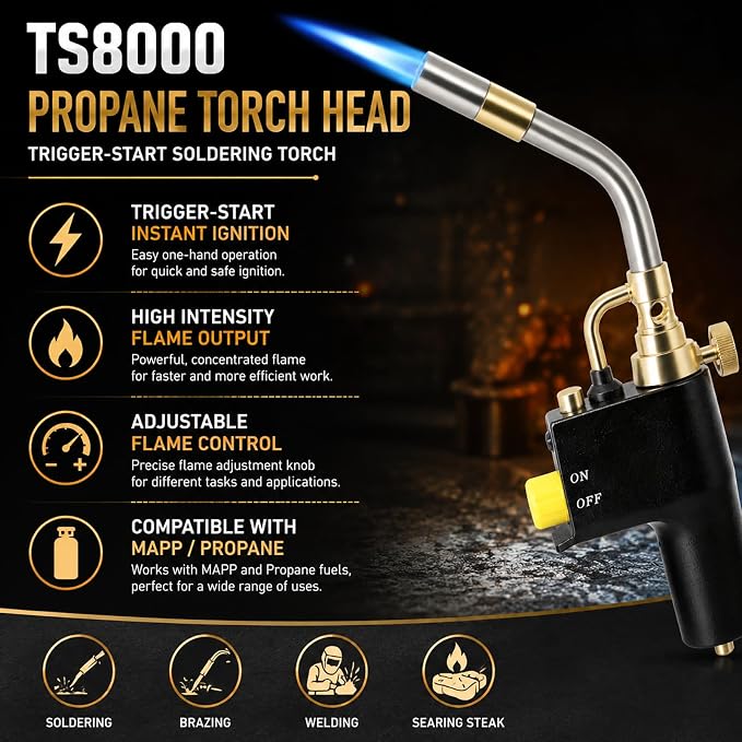 TS8000 Propane Torch Head by Wadoy, High Intensity Trigger-Start Soldering Torch Compatible with MAPP/Propane for Soldering, Brazing, Welding, Searing Steak, Map Gas Propane Torch Head