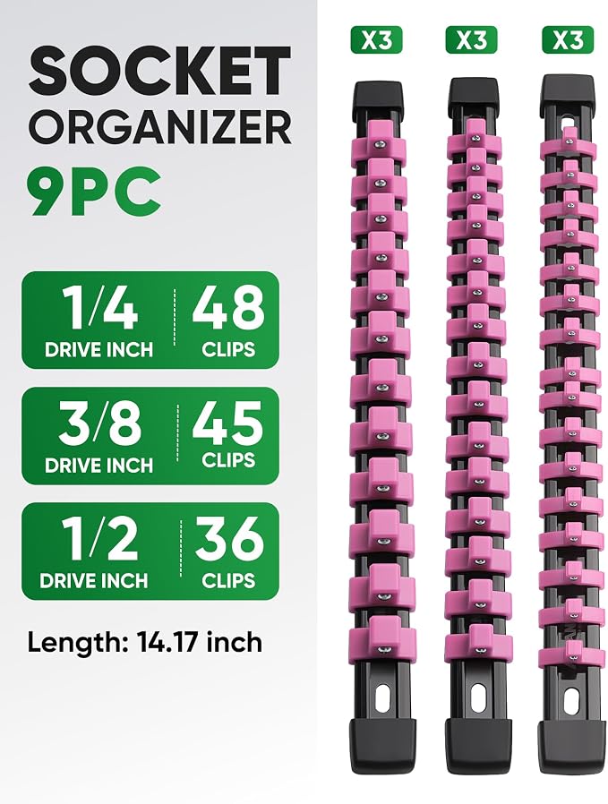 ALOANES 9PC Socket Organizer, Socket Rails Fit 1/2", 1/4" and 3/8" Drive | Heavy Duty ABS Socket Holders Hold up 129 Sockets for Toolbox Drawer Bags(Pink)