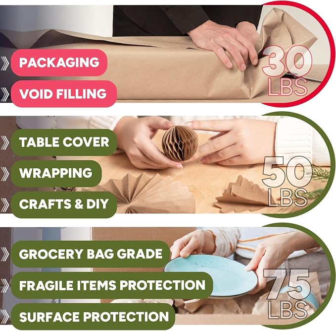 24" x 14400" (1200 feet) Natural Brown Kraft Paper Roll, 30 Lb Standard Grade – Made in USA Large Roll of Brown Wrapping Paper, 3-inch Core – for Packaging, Void Filling, Shipping, School | Made in USA Standard Grade Large Roll of Brown Wrapping Paper,...