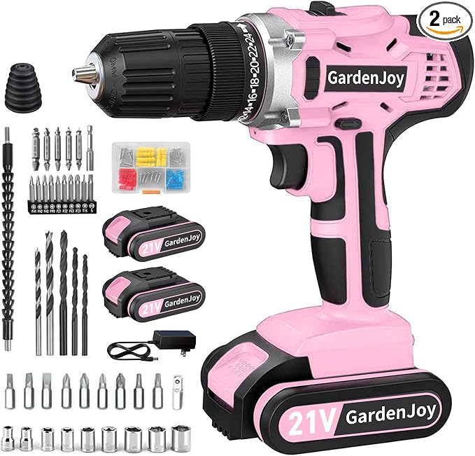 GardenJoy 20v Cordless Drill Set, Power Electric Kit 2 Batteries With Charger 30Nm 2-Speed 3/8" Keyless Chuck 24+1 Position Drill Driver screwdriver Bits with LED Electric Work Light Women DIY