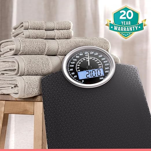 Hybrid Bathroom Scale - Analog & Digital Display, Accurate to 400 lbs | See weight on both an analog dial and digital LCD at once. Wide glass platform, accurate to 0.2 lbs, batteries included.