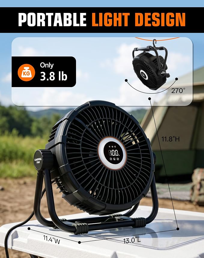 10" Plug-in Portable Camping Fan, Floor Fan with Stepless Speed, LED Light, Remote Control, 270° Rotation & 1-12h Timer for Indoor Bedroom Office & Outdoor Camping, Tent, RV