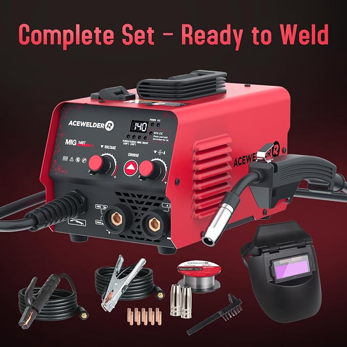ACEWELDER 140A Gasless Flux Core MIG Welder/Lift TIG/Stick 3 in 1 Welding Machine 110V Portable IGBT Inverter Synergy Welder Machine with Helmet (red)