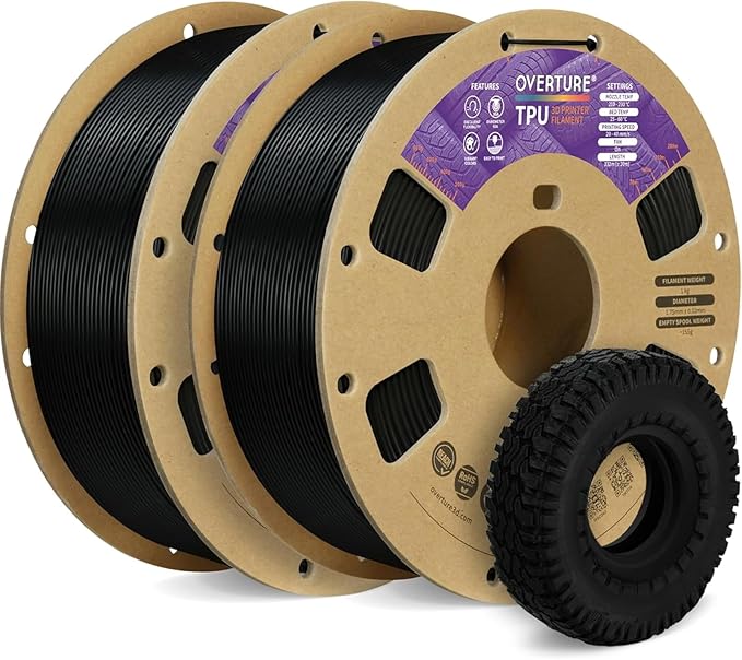 OVERTURE 2KG Bundle TPU 95A Flexible 3D Printer Filament 1.75mm | High Elasticity & Durability Filament,2 Pack 1kg Spool(2.2lbs),Fit Most FDM Printer(TPU Black 2-Pack)