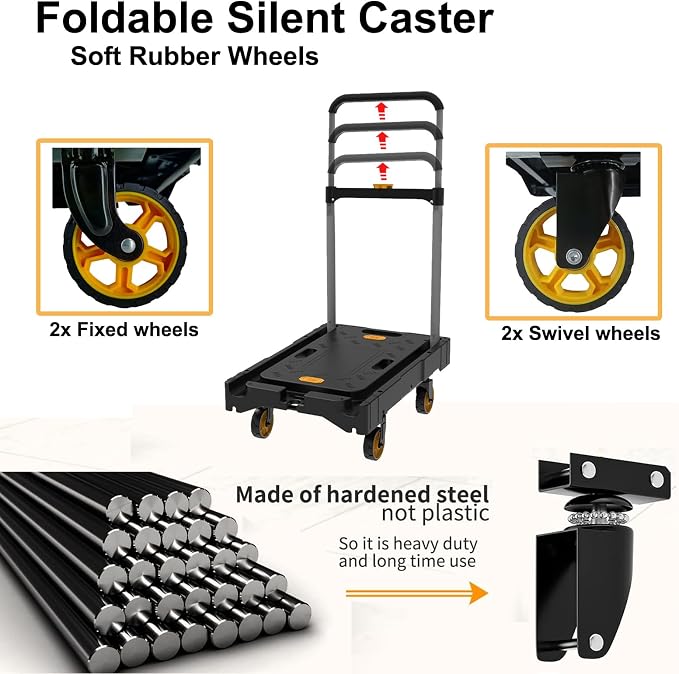Folding Platform Hand Truck Push Cart Foldable Dolly Cart Portable Trolley 300lb Heavy Load Capacity, Adjustable Handle with Swivel Wheels for Garage Garden Home Office Travel Shopping Use