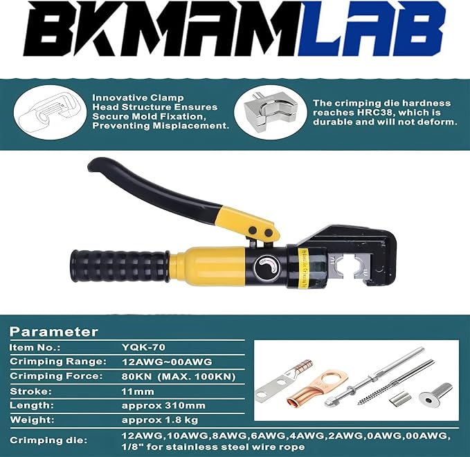 Hydraulic Crimping Tool,with Cable Cutter & 9 Dies,Dattery Terminal Cable Crimper tool for 12 to 2/0 AWG, With Mini Heat Gun and Heat Shrink Tubing