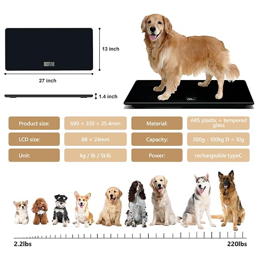 SIKE Medium-Small Veterinary Scale, Dog Scale (±10g) Accuracy, Max 220lbs, Digital Pet Scales and USB Recharging Cord Included, 27 x 13 inch Tempered Glass Platform with Anti Slip Sticker