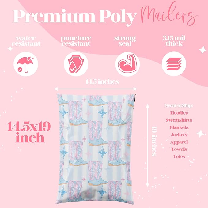 Pretty Package Store 14.5x19 Designer Poly Mailer 100 Pack Heavy Duty Waterproof Self Seal Shipping Bags for Small Business Large Mailing Envelopes Bulk Tear Resistant Packaging Cowgirl Boots Western