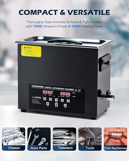 CREWORKS 6L Digital Ultrasonic Cleaning Machine with Degas and Gentle Mode, 180W Ultrasonic Cleaner Machine with Heater and Timer, 1.6 gal Ultrasound Cleaner for Retainer Jewelry Lab Tool Auto Part