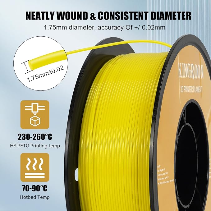 Kingroon High Speed PETG 3D Printer Filament 1.75mm, 3D Printer Rapid Filament for 30-600mm/s Hyper Printing Filament, Dimensional Accuracy +/- 0.03 mm, 1kg Plastic Spool(2.2lbs) (Yellow)