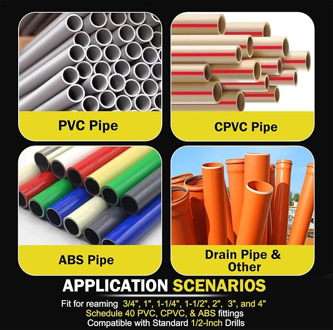 Premium 7Pcs PVC Pipe Reamer Kit For 1/2" Drills- Includes 3/4", 1", 1-1/4", 1-1/2", 2", 3", 4" Compatible with Standard 1/2" Drills,For SCH40 PVC, ABS PVC Pipe,CPVC Perfect for Plumbing Repairs