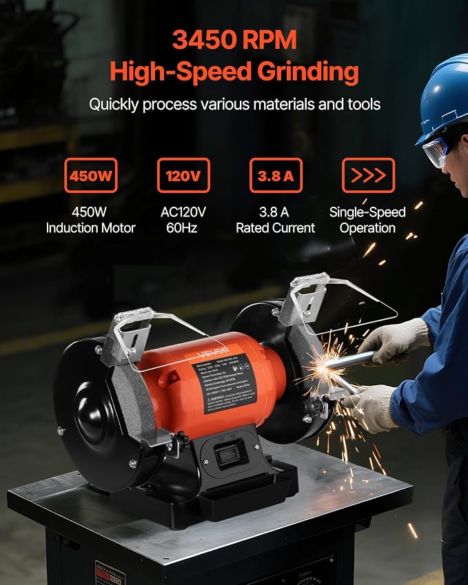 VEVOR Bench Grinder, 6-in Single Speed, 3450RPM High-Speed Table Grinders with 450W 3.8A 3/5Hp Induction Motor, 36/60-Grit Grinding Wheel & Adjustable Eye Shield for Fast Sharpening Grinding