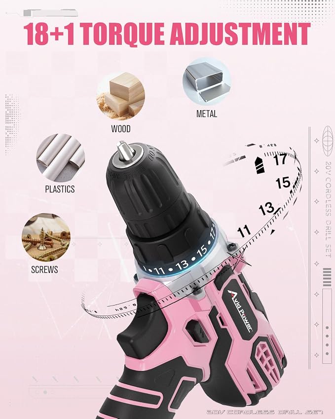 AVID POWER 20V MAX Power Drill Kit, Cordless Drill Set with Battery and Charger, 2 Variable Speed, 3/8-Inch Keyless Chuck, 19 Position and 22pcs Bits - Pink