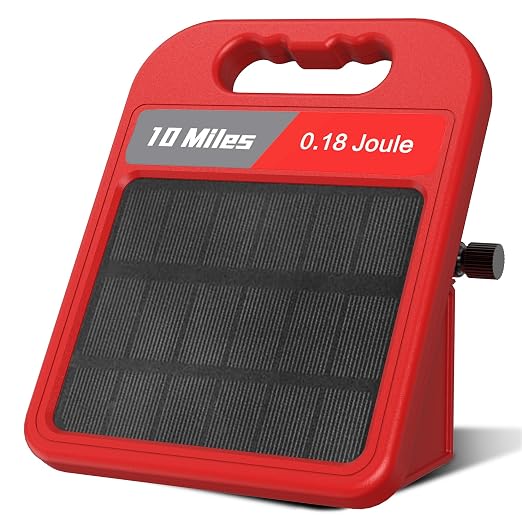 10 Mile Solar Fence Charger 0.18J Electric Fence Energizer with Day Night Mode 24-Hour Protection Red
