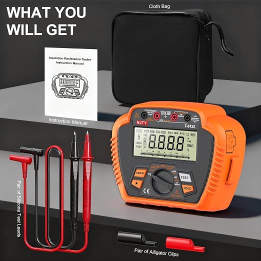 NJTY T6125 Digital Insulation Resistance Tester, 2500V Megohmmeter, 0.01MΩ–200GΩ, AC Voltage (10V-600V), Low Resistance (0.01Ω-60Ω), Data Hold, Over-Range Alarm, Auto Shutdown, Backlit LCD