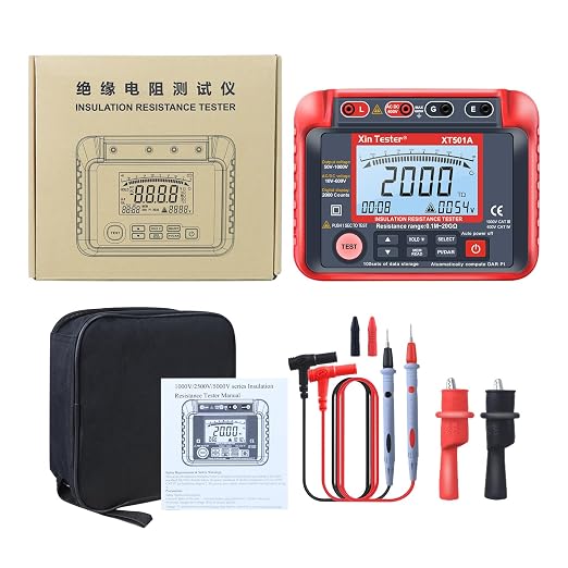 Xin Tester 1000V AC DC Megohmmeter Insulation Megger Tester, Auto Earth Ground Resistance Meter 50V/100V/250V/500V High Voltage 0.1MΩ-10GΩ Auto Ranging with LCD Display - XT501A