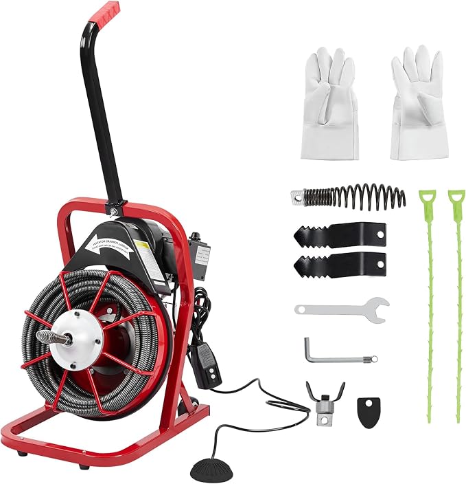 75FT x 1/2Inch Electric Drain Cleaning Machin, Auto Feed Portable Sewer Snake, Semi-Enclosed Drum, Sewer Snake Electric Drain Auger Cleaner with 4 Cutters & Air-Foot Switch for 1"-4" Pipes