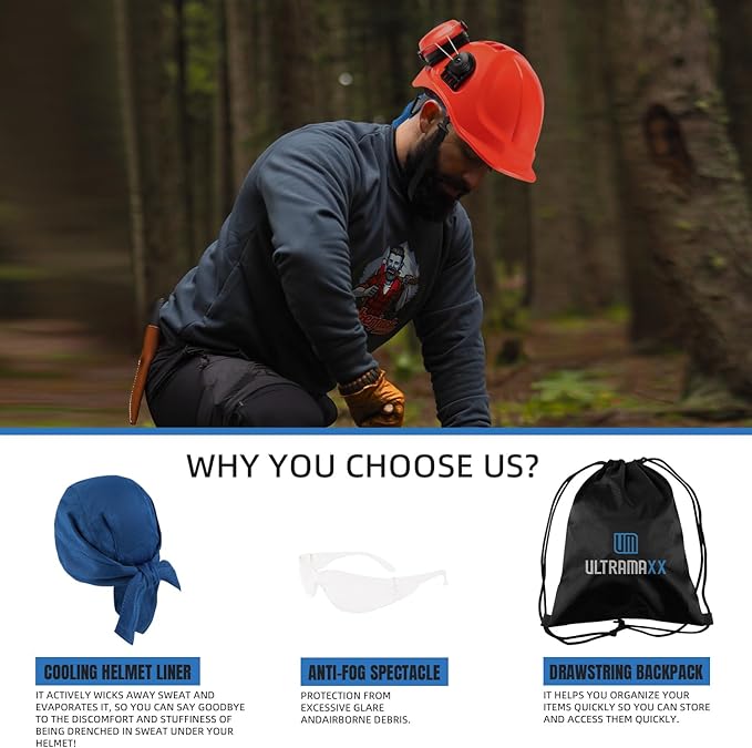 UM ULTRAMAXX 6-in-1 Chainsaw Helmet with Mesh Face Shield and Hearing Protection Ear Muffs, Forestry Safety Hard Hat Kits, ANSI Z89.1 Approved Certified Arborist Helmet, Orange