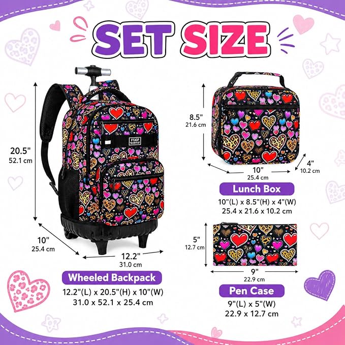 3Pcs Rolling Backpack for Girls Women, Leopard print Travel Roller Backpacks with Wheels for Adults, Teens College Wheeled Bookbag with Lunch Box(Brown)