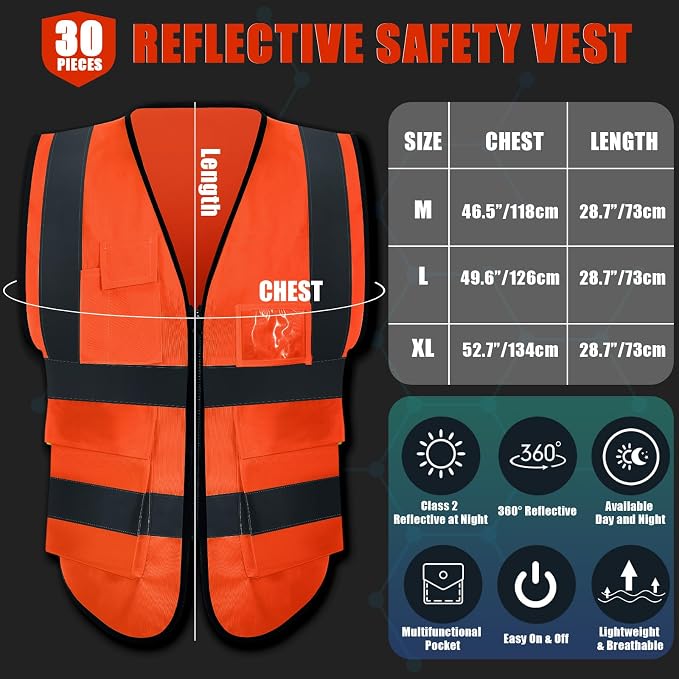 Leumoi 30 Pack Reflective Safety Vest with Pockets and Zipper High Visibility Vest for Women Men Work