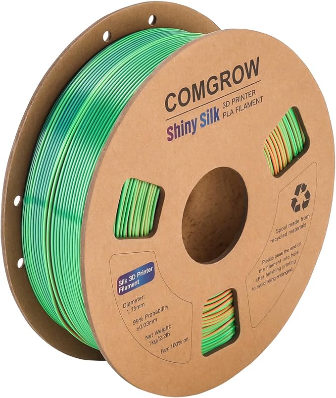 Comgrow Tri-Colors Silk PLA 3D Printer Filament, Rainbow PLA Filament 1.75mm, Dimensional Accuracy +/- 0.02 mm, 1KG Spool, Coextrusion 3D Filament with Shiny Silk Blue-Green-Orange